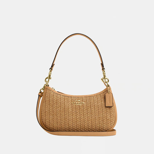 Straw Leather Mix Teri Shoulder Bag with Leather Strap