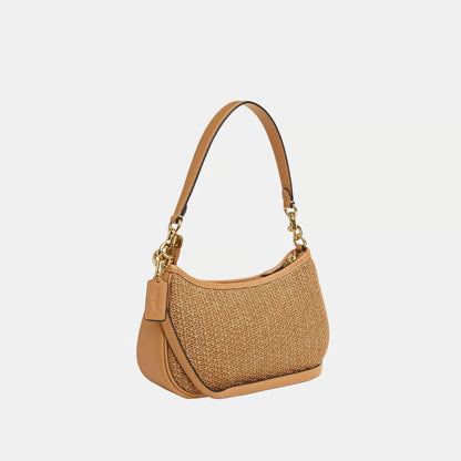 Straw Leather Mix Teri Shoulder Bag with Leather Strap