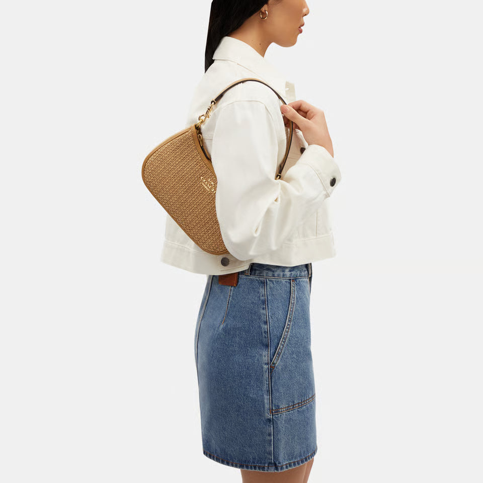 Straw Leather Mix Teri Shoulder Bag with Leather Strap