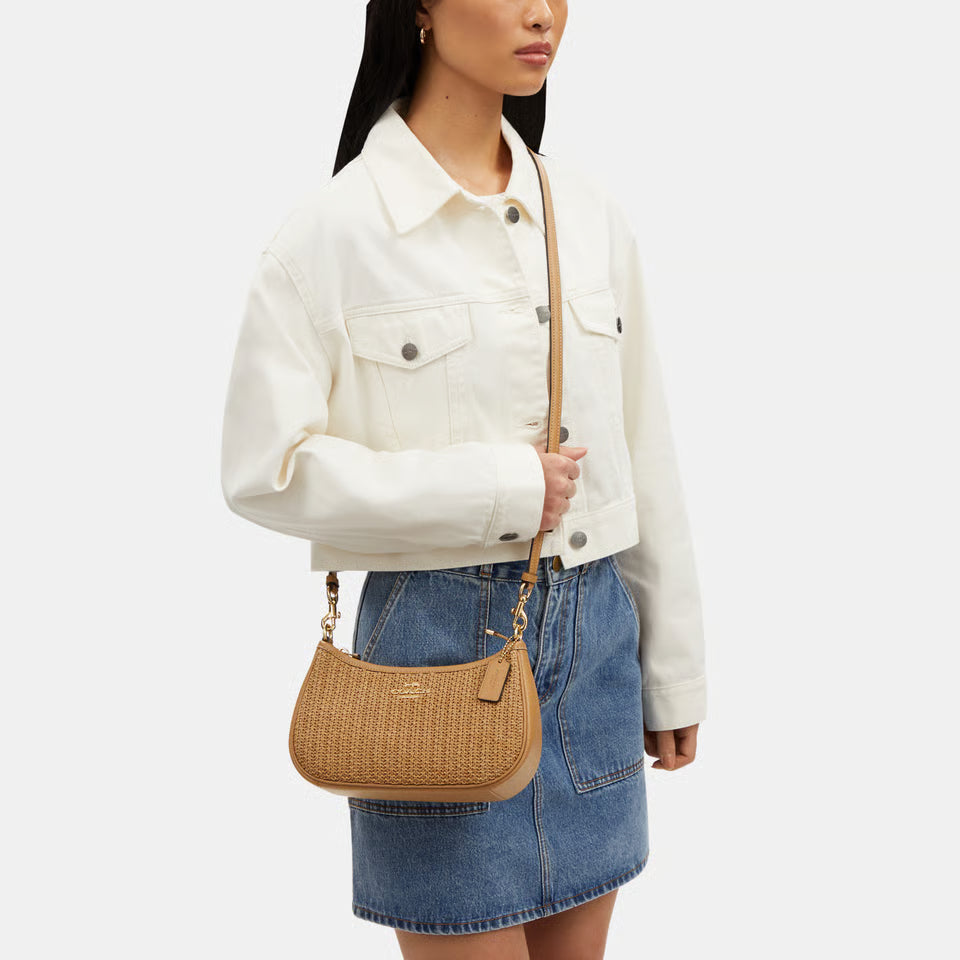Straw Leather Mix Teri Shoulder Bag with Leather Strap
