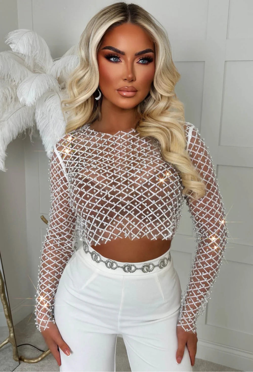 It Girl Season Sequin Pearl Mesh Top