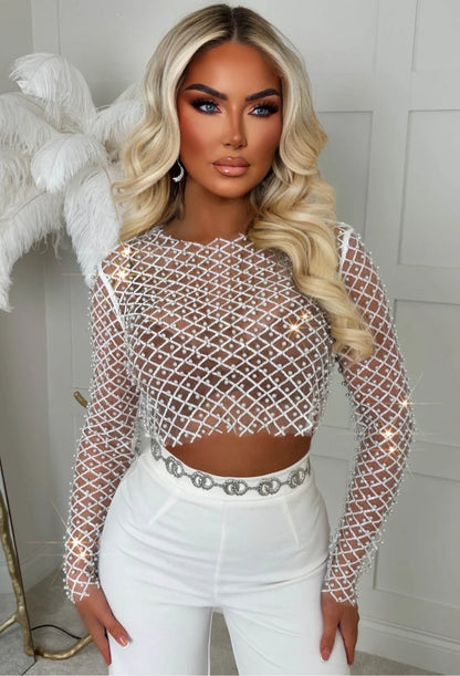 It Girl Season Sequin Pearl Mesh Top